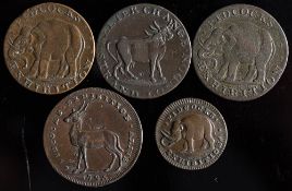 Four 'Pidcock's halfpenny tokens and a One farthing: