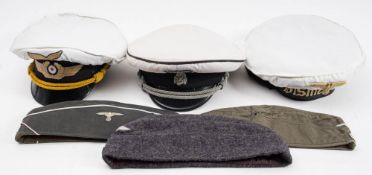 Three reproduction German Kriegsmarine hats and three similar army forage caps: