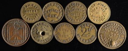 Eight Public House and Inn tokens and tallies: including a 3d token for the Railway Hotel,Llandaff.