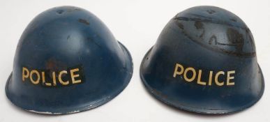Two post War Police Mk III 'turtle' steel helmets: blue with transfer to front,