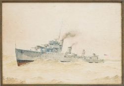 A watercolour ship portrait ,HMS Woolaston: at speed on a swell, title in red lower left corner,