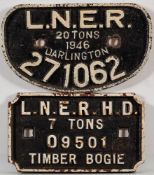 Two LNER cast iron wagon plates: Darlington, 1946, 20 tons,