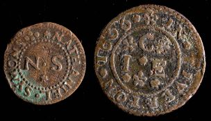 A 1666 Tiverton halfpenny token, James Clarke and a 1656 Nathaniel Seymons,