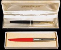 A Parker 61 fountain pen: black, capillary fill with gold rainbow cap in original box,