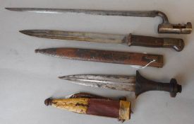 A German model 84/98 Mauser bayonet: with 31cm fullered blade, wood grips and steel scabbard,