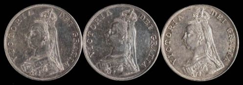 Three Victorian Double Florins: two 1887 and one 1889,