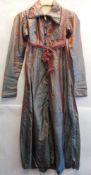 A late Georgian period blue/pink iridescent silk dress: with high waisted buttoned front with