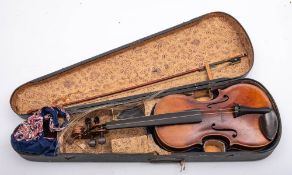 A German violin by Mathias Neuner, Mittemwald, 1805: scroll carved headstock with rosewood keys,
