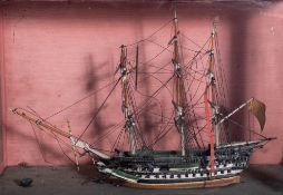 A late 19th/early 20th century cased waterline model of a frigate: standing and running rigged over