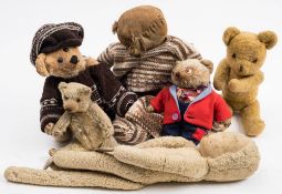 Five assorted teddy bears: and a monkey all playworn.