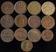 Thirteen 19th century unofficial farthings: