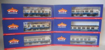 Bachmann, six assorted BR blue and grey passenger coaches: all boxed.