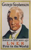 A reproduction LNER poster of George Stephenson and one other reproduction BR poster for 'Barmouth:
