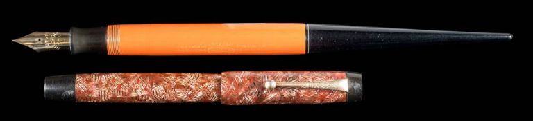 A Parker Big Red Duofold fountain pen in black and red with tapering end: together with a Parker