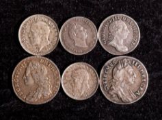 Coinage.:1696 and 1757 sixpence, 1762 threepence, 1836 grout and 1933 Maundy 4d and 3d.