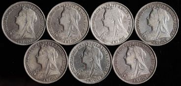 Seven Victorian veiled head crowns: 1893 LVII, 1894 LVIII, 1895 LVIII, 1895 LIX, 1896 LIX,