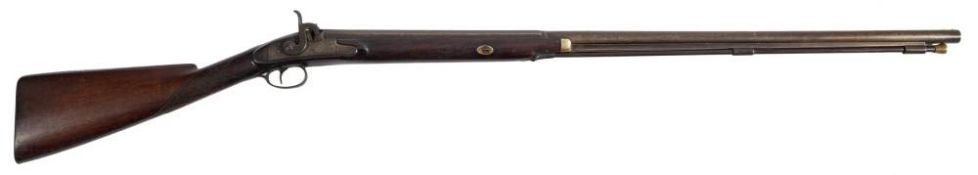 A 19th century single barrel percussion cap smooth bore fowling gun: 35 inch two stage barrel,