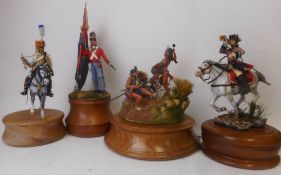 Four resin and white metal large scale hand painted figures: includes Napoleonic cavalry bugler,