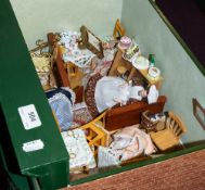 A 20th Century doll's tea shop with green double bay window front, interior figures,