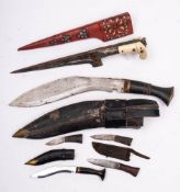 An Indo Persian Pesh kabz,: with 20cm T-shaped blade and bone grip contained in a leather sheath,