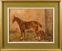 Circle of Francis Mabel Hollams [1877-1963]- Portrait of a Hunter in a stable,:- oil on canvas,