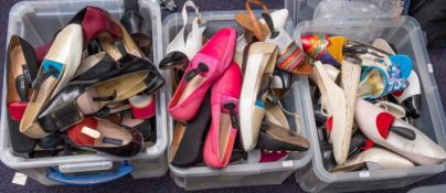 A large collection of lady's shoes: including black patent leather buckle Yves Saint Laurent heels,