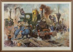 Terence Cuneo (1907-1996) 'The Running Sheds of The Great Caerphilly and Vole-Tail Central