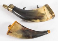 Two horn powder flasks: one with brass spring measure the other inscribed 'Iceland 1940' to base,
