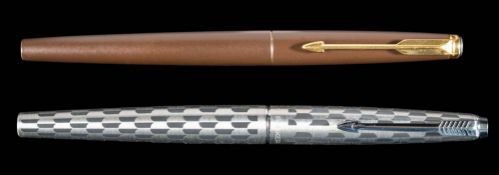 A Parker 'falcon' fountain pen in brown: together with a Parker 45 'Harlequin' fountain pen with
