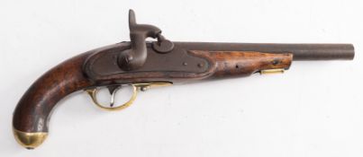 An early 19th century percussion pistol: plain barrel with proof marks to chamber, sidelock action,