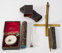 A 19th Century brass folding face screen in case: together with a French amp meter in case and a