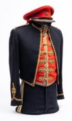 An Elizabeth II 14th/20th Kings' Hussars Officers Mess Dress: red cloth peaked cap with gold braid