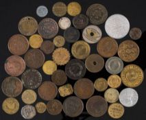 A collection of elongates Canadian halfpenny tokens and USA 'hard times' tokens: