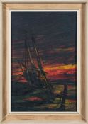 Michael J Whitehand (b1941-): 'Boat in the Sunset, 1970', oil on board, 44 x 29cm.