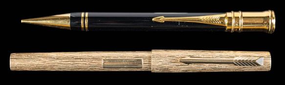 A modern Parker Duofold black propelling pencil: together with a Parker 105 fountain pen in 'Golden