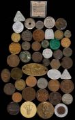 A tin of coins and tokens including an 1819 Gibralan 2 Quartos, USA hard times token,: etc.