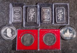 Four one ounce silver ingots: together with two silver crown size coins etc.