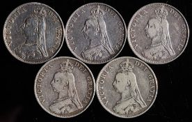 Five Double Florins: two 1887, 1888,