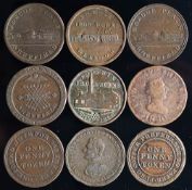 Nine 19th century penny tokens: