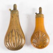 Two copper and brass powder flasks: with spring loaded measures and Anthemion decorated body (2)