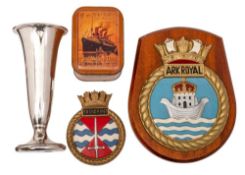 A Shipping Line silver plated vase by Mappin & Webb (emblem worn): together with two reproduction