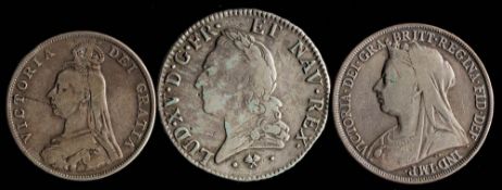 A 1774 Louis XV (mml), an 1889 Double Florin and an 1897 Crown (3).