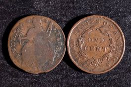 A 1787 Cone Hicult halfpenny and 1836 cent.