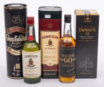 Five bottles of whisky: Dewar's 12 year old Special Reserve, Jameson 12 year old,