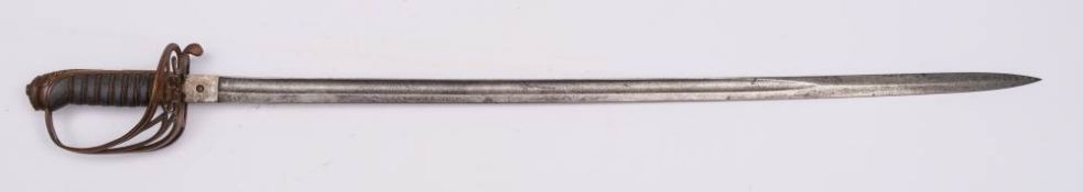 A Victorian officers sword,: with 80cm etched and fullered blade, triple bar knuckle guard,