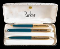 A Parker 51 trio in teal blue: comprising a fountain pen,