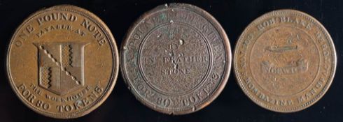A Wiveliscombe threepence token, 1814, a Birmingham threepence token,