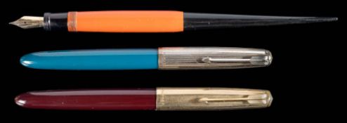 Two Parker 51 fountain pens: one in teal with rolled solver cap,
