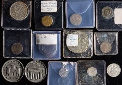 A small group of miscellaneous coins and tokens: including North Cornwall railway medallion opened