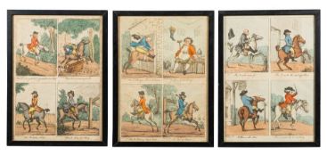 Rowlandson after Bunbury- 'How to Ride',:- three aquatints, each 32 x 23cm.